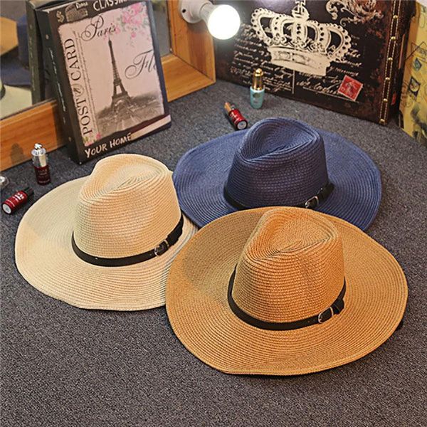 

wide brim hats summer straw hat foldable thin belt cowboy man women sun outdoor big eaves lovers sunscreen travel casual cap, Blue;gray