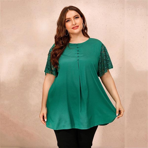 

plus size long blouse shirt women autumn lace short sleeve solid casual green loose oversized ladies tunic women's blouses & shirts, White