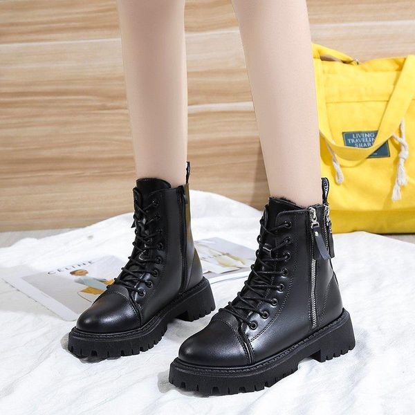 

boots women round toe platform side double zippers lace-up leather black brown chunky design trendy leisure