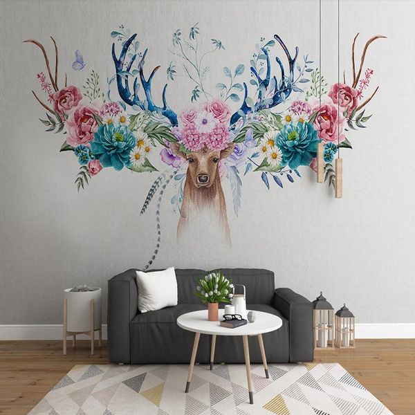 

wallpapers custom nordic modern wall covering flowers american elk head living room tv background paper