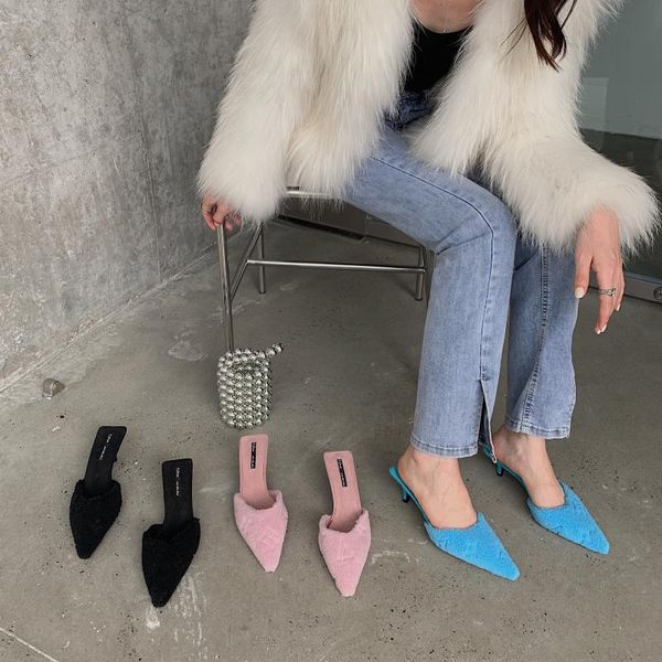 

slippers high-heeled shallow mouth baotou half women sandals warm furry leather shoes wear autumn, Black