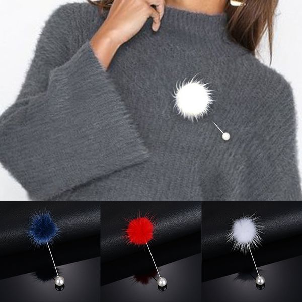 

cute charm simulated pearl brooch pins for women korean fur ball piercing lapel brooches collar jewelry gift kids girls, Gray