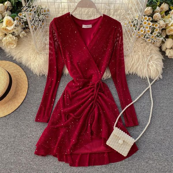 

casual dresses 2021 spring autum short dress women v neck long sleeved irregular hem bandage ladies elegant bodycon, Black;gray