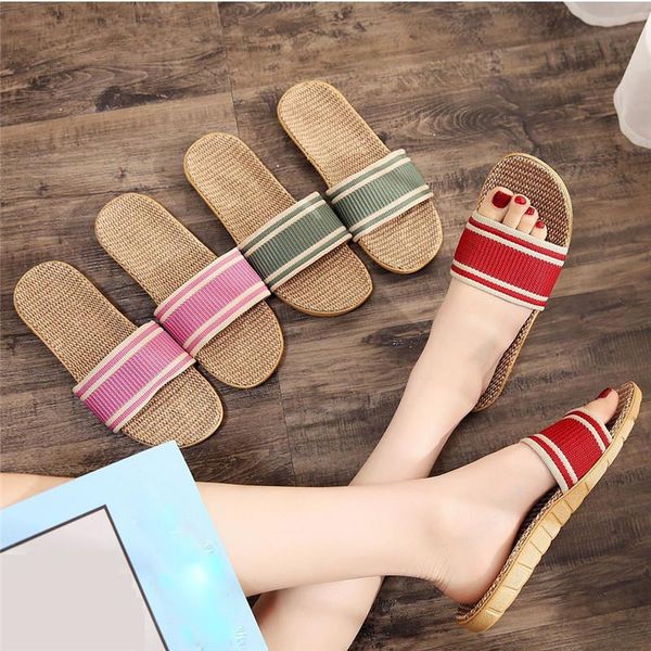 

slippers summer linen women flip flop couples flat sandals slipper indoor outdoor anti-skid beach shoes female #40, Black