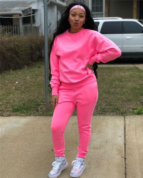 

women's two piece pants spring autumn tracksuit set women fleece o-neck solid pullover and suit casual sports female outfit conjunto, White