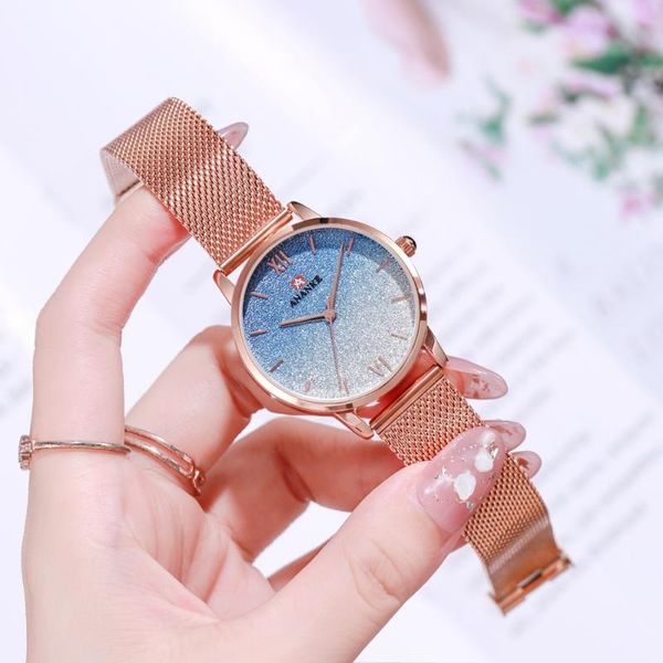 

wristwatches ananke japanese movement starry gradient est women watch alloy dial steel mesh strap ladies quartz wristwatch an33, Slivery;brown