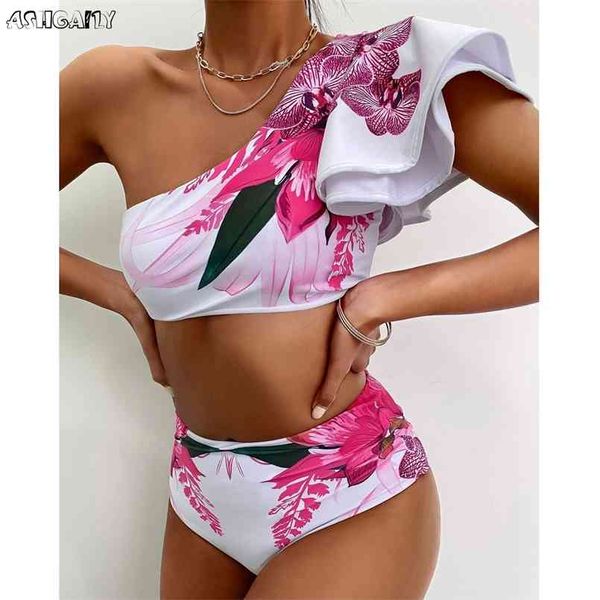 

one shoulder swimsuit print bikinis brazilian bikini set high waist swimming suits bathing suit summer beachwear 210722, White;black