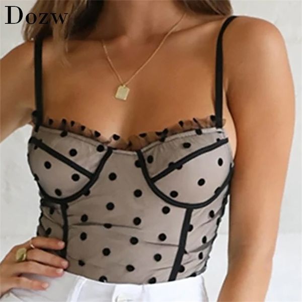 Summer Sexy Spaghetti Strap Dot Canotte Donna High Street Mesh Cropped Camis Backless Party Holiday Short Canotta 210515