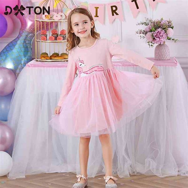 Dxton Unicorn Kızlar Prenses Elbiseler Ucuz Çocuk Uzun Kollu Kız Elbise Kış Pamuk Toddler Rahat Giyim Karikatür Elbise 210331