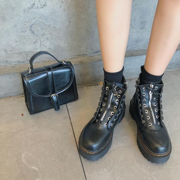 

boots punk korean ins motorcycle thick bottom high chic female british style student short fashion, Black