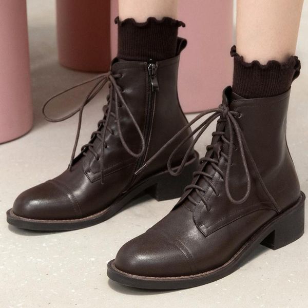 

boots women's genuine leather lace-up autumn ankle side zip round toe low heel comfortable short motorcycle shoes, Black