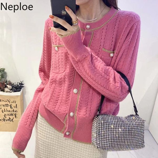 

women's knits & tees neploe elegant hollow out knit cardigan women autumn winter korean long-sleeve thin sweater single breasted sweet, White