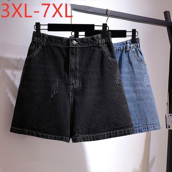 

6xl 7xl summer plus size women shorts denim large loose cotton wide leg pocket black hole oversize, White;black