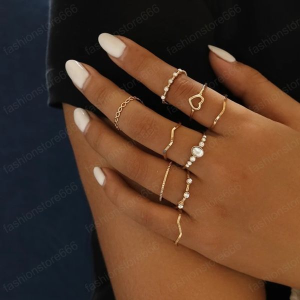 

heart 9pcs/set bohemian vintage pearl geometric ring rhinestone lucky rings set women girl party jewelry gifts, Silver