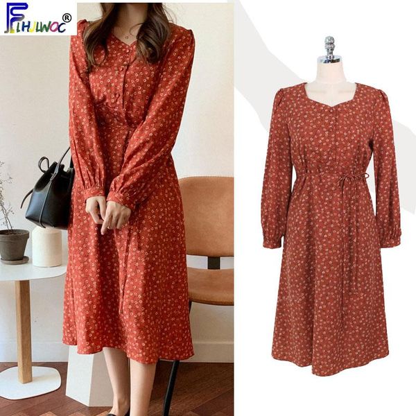 

casual dresses winter spring basic long women year date wear korea style sleeve belt bow tie floral printed vintage dress 1021, Black;gray