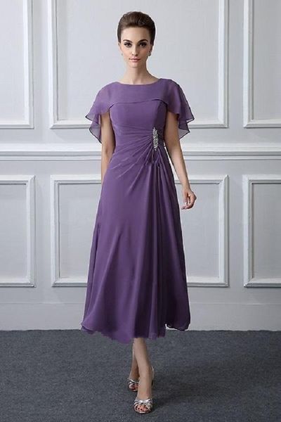 Elegante lunghezza del tè Abiti per la madre della sposa Corto in chiffon viola Abito da ospite per un matrimonio Girocollo Manica ad aletta Taglie forti Abiti da sera per donna Abiti per occasioni speciali