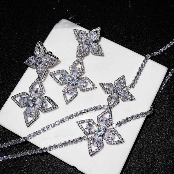 

earrings & necklace fashion four-leaf clover bridal wedding jewelry set for women shining cz zircon 2pcs necklaces choker sets, Silver