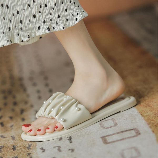

slippers women's shoes 2021 summer pearl fold flat bottom all-match outer wear soft sandals and, Black