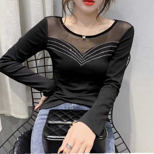 

women's t-shirt 2021 spring and autumn black mesh patchwork transparent long-sleeved diamond slim, White