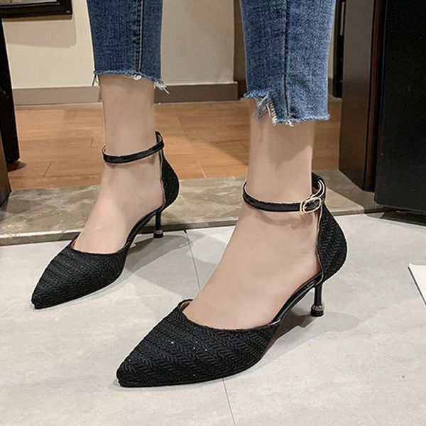 

sandals 2021 fine heel pointed toe woven fabric for women black party shoes elegant buckle pumps