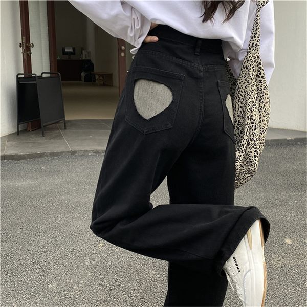 

women's jeans hzirip high waist all hearts game streetwear woman light washed casual straight plus size wild loose jeans pants yson, Blue