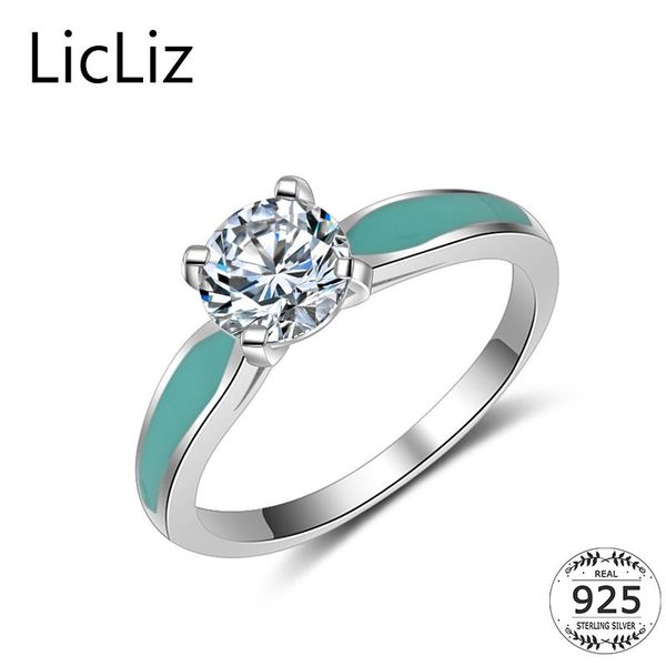 

cluster rings licliz round 925 sterling silver cubic zirconia solitaire ring wedding band women pink green black enamel boho bague lr0463, Golden;silver
