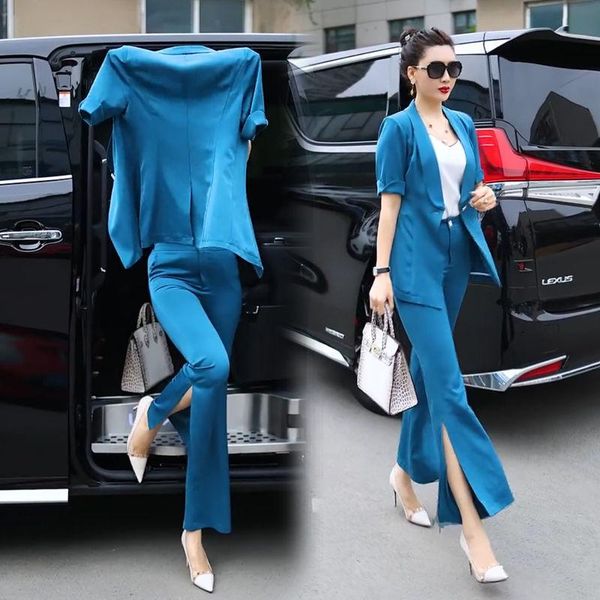 

women's two piece pants women 2021 summer pant suit female short sleeve notched blazer jacket & office wear ladies elegant casual set c, White