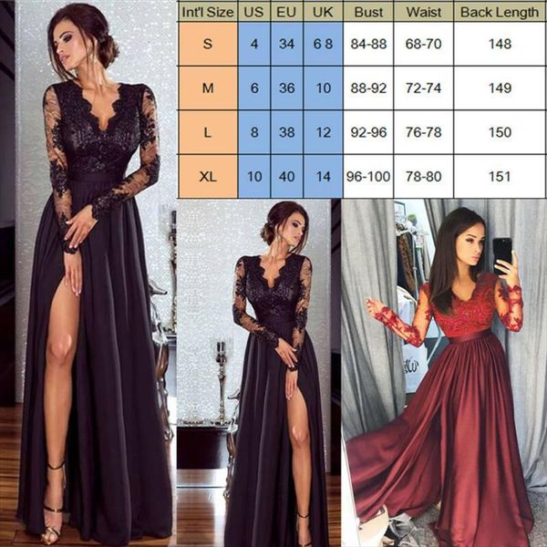 

fashion elegant long sleeve women dress high waist lace slim fit v neck party split maxi black wine red, Black;gray