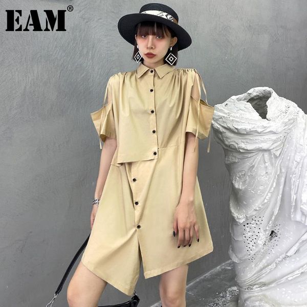 

casual dresses [eam] women irregular off shoulder drawstring shirt dress lapel short sleeve loose fit fashion tide spring summer 2021 1dd857, Black;gray