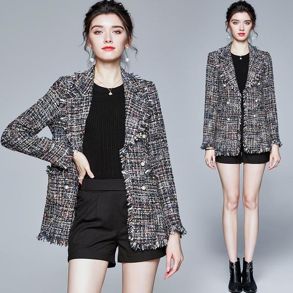 

women's wool & blends women autumn jacket elegant office tweed for winter warm coats slim ladies plaid blazer fall clothing 2021, Black
