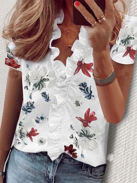 

women's t-shirt women shirts summer print v neck ruffle short sleeve loose clothing casual female, White