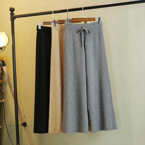 

stylish fall winter knit women pants sweater drawstring casual loose long straight trousers high waist plaid pant, Black;white
