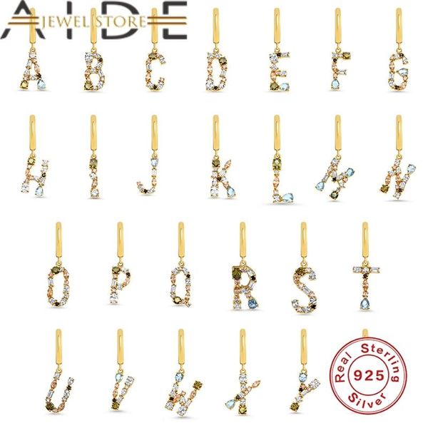 

hoop & huggie aide 925 sterling silver alphabet cartilage earrings for women girl rainbow initial letter a-z small earring jewerly, Golden;silver
