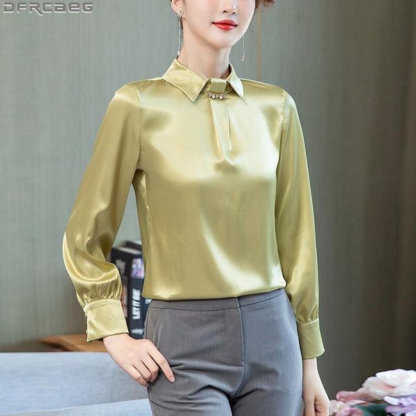 Camicette da donna Camicie Dolcevita vintage Donna Top Elegante Ufficio Manica lunga Donna Stile coreano Chiffon Raso Giallo Rosso Bianco Rosa