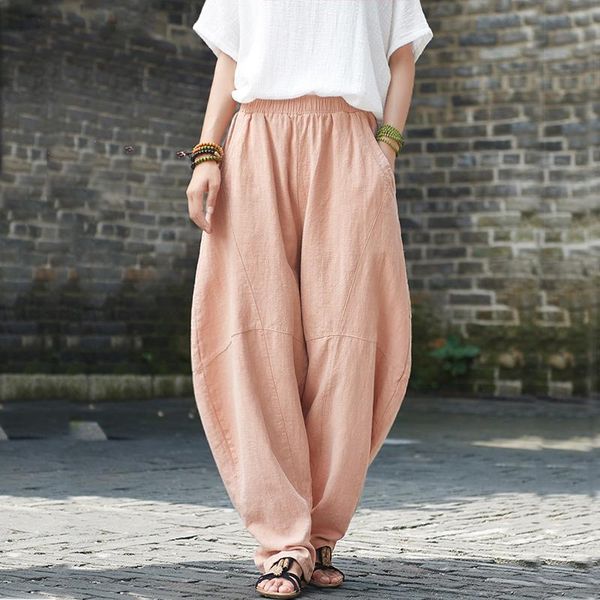 

women's pants & capris 2021 autumn harem pant bloomer plus size loose casual women trouser cotton linen pleated oversize sashes wide le, Black;white