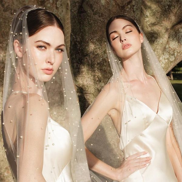 

bridal veils ivory wedding 2021 wholesale tulle pearls beaded with hair comb short cathedral custom made length, Black