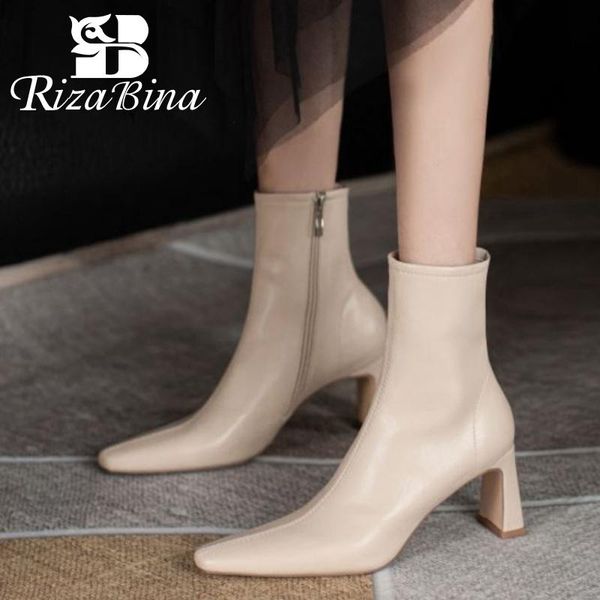 

boots rizabina size 33-40 women real leather ankle shoes square toe thick heels zipper solid color fashion ladies footwear, Black