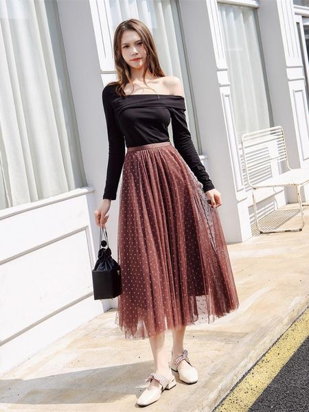 

skirts 3 layers skirt women brown stars sequins pleated midi tulle japanese fashion mesh tutu, Black