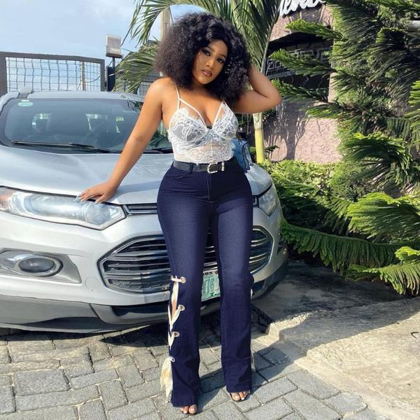 

vavcy 2021 autumn drawstring flare legging lounge club jeans women's, Blue