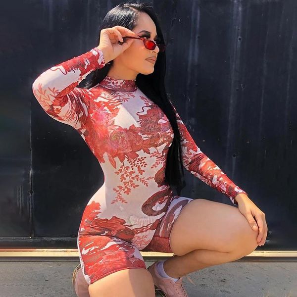 

women's jumpsuits & rompers imcute mesh sheer see through bodycon dragon print jumpsuit playsuit women fall long sleeve slim playsuits, Black;white