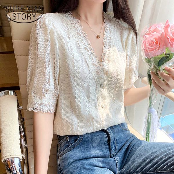 

summer vintage short sleeve women's shirt v-neck solid ladies korean chic crochet lace chiffon blouse women 14079 210528, White