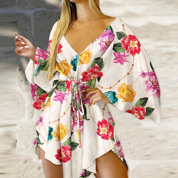 

casual dresses floral shirt dress women beach round neck long-sleeved loose bandage elegant mini for 2021 40#, Black;gray