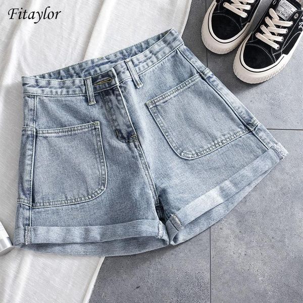 

fitaylor women streetwear pocket wide leg blue denim shorts summer casual female loose high waist solid color jeans women's, White;black