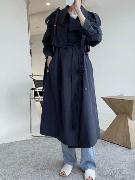 

women trench autumn and winter korean style temperament lapel profile loose long coat (with belt) women's coats, Tan;black