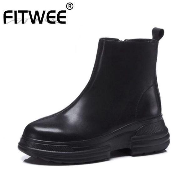 

boots fitwee women 2021 genuine leather ankle thick bottom shoes zipper white footwear size 34-39, Black