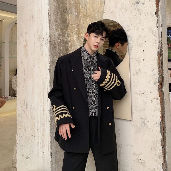 

men's suits & blazers men vintage double breasted loose casual blazer coat uniform male streetwear hip hop jacket outerwear stage cloth, White;black