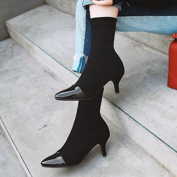 

boots big size 9 10 11 12 women shoes ankle for ladies woman winter patchwork stretch sleeve tip, Black