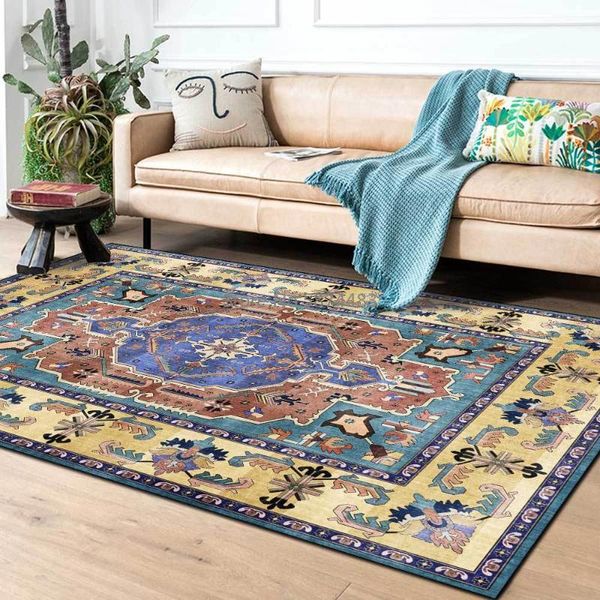 

fashion persian geometric ethnic blue and yellow living room bedroom bedside carpet floor mats carpets