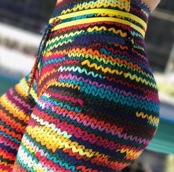 

women's leggings women original knit printing with 2 yellow string on waist and colorful knitted front legging ox2r, Black