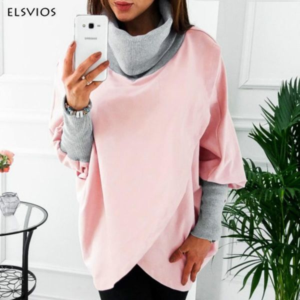 

women's hoodies & sweatshirts elsvios fashion turtleneck batwing sleeve hoody shirts women irregular warm autumn harajuku casual, Black